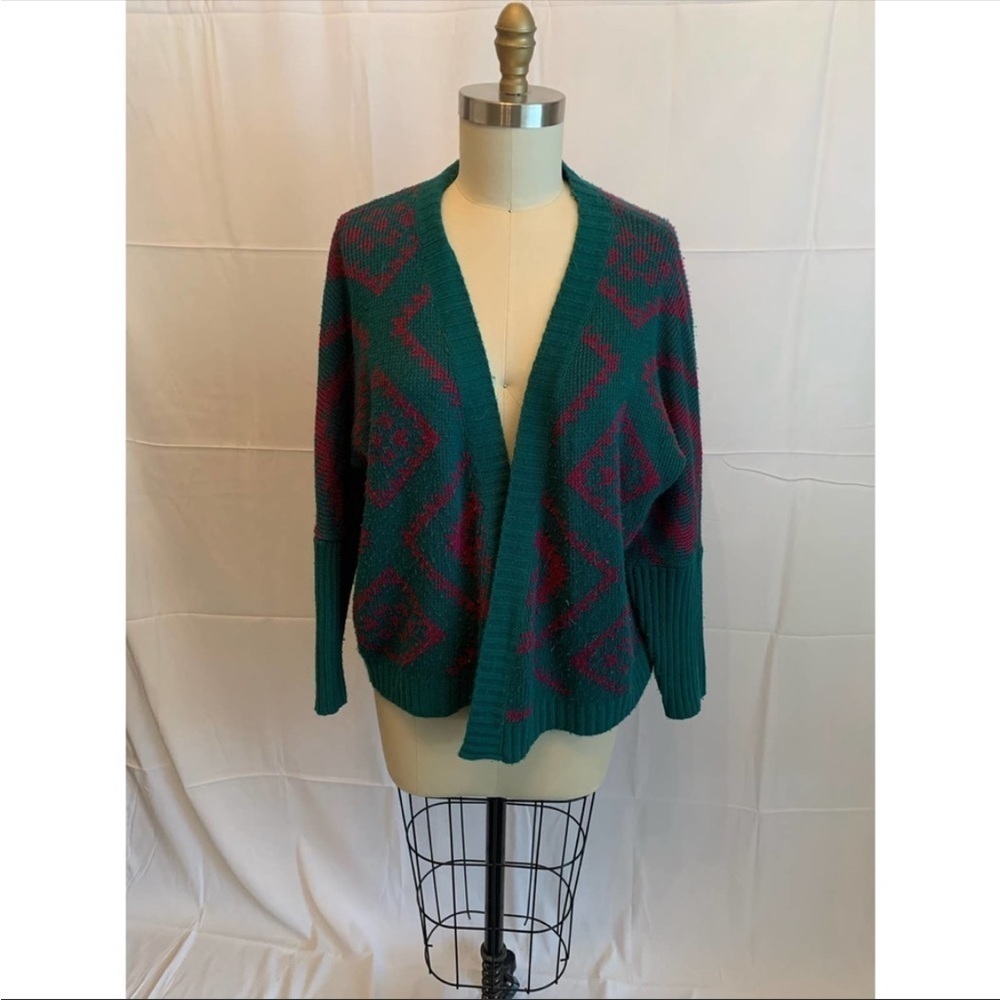 BEAR Dance Geometric cardigan teal magenta sweater womens Large